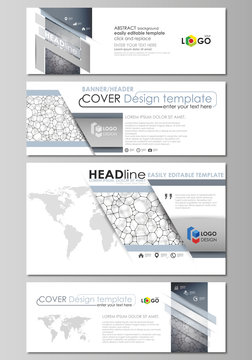 Social media and email headers set, modern banners. Business templates. Vector layouts in popular sizes. Chemistry pattern, molecular texture, polygonal molecule structure, cell. Microbiology concept.