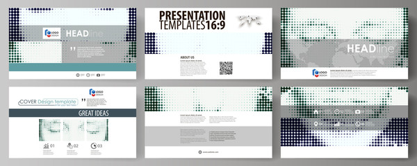 Business templates in HD format for presentation slides. Abstract design vector layouts. Halftone dotted background, retro style grungy pattern, vintage texture. Halftone effect, black dots on white.