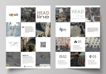 Business templates for brochure, magazine, flyer, report. Cover design template, abstract vector layout in A4 size. Colorful background made of dotted texture for travel business, urban cityscape.