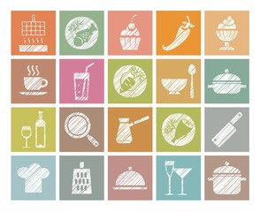 Cooking, icons, colored, pencil hatching, vector. Products and kitchen utensils. Hatching with a white pencil on the color field. Imitation. Square vector clip art. 