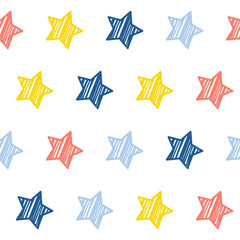 Abstract handmade doodle star seamless pattern background. Childish handcrafted wallpaper for design card, baby nappy, diaper, scrapbook, holiday wrapping paper, textile, bag print, t shirt etc.