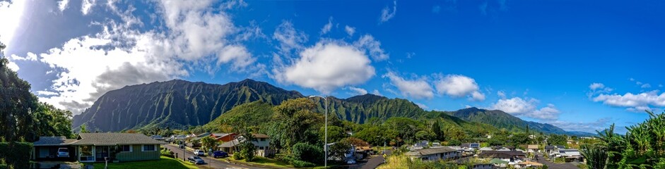 Panoramic view of a small village near mountains in west Oahu Hawaii