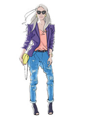 Hand drawn fashion sketch. Beautiful woman with long hair in casual clothing. Vector illustration isolated on white.