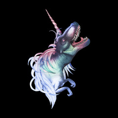 Watercolor tyrannosaurus with unicorn horn and mane. © Ekaterina Glazkova