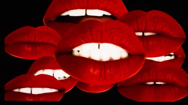 sequence of different images of woman's beautiful full red lips with overlayed video glitch and distortion