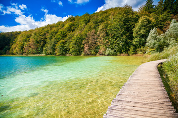 walking path through the lake in Plitvice