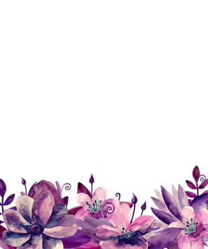 Fototapeta Watercolour pink and purple flowers. Floral bouquet. Greeting card design template