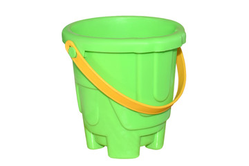 Baby green plastic bucket with yellow handle isolated on white background. © nsdpower