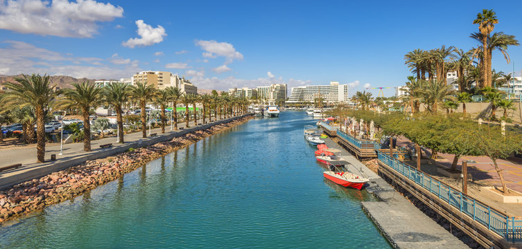 Central marina in Eilat - famous resort and recreational southernmost Israeli town. This serene location is a very popular tropical getaway for numerous tourists