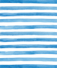 Watercolor blue and white stripes background. Hand painted lines - obrazy, fototapety, plakaty