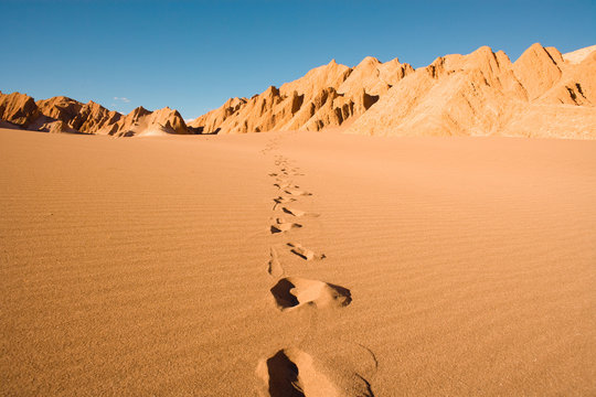 Footprints at Valle de la Muerte (spanish for Death Valley) also known as La Cordillera de la Sal (spanish for salt mountain range), San Pedro de Atacama, Atacama Desert, Chile, South America