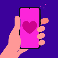 Hand holding black mobile phone isolated on ultraviolet background. Smartphone on human's hand  with heart on it flat design vector illustration