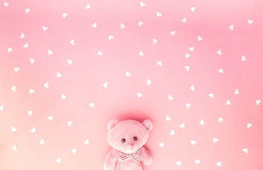 fabric bear dool on heart shape pink background, sweet valentine theme