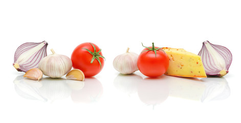cheese and vegetables on a white background