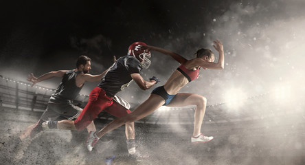 Multi sports collage about basketball, American football players and fit running woman - obrazy, fototapety, plakaty