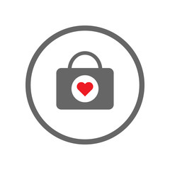 First aid kit icon in circle. Medical bag with heart symbol. Vector.