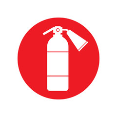 White fire extinguisher icon on red circle. Vector.