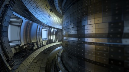 Fusion reactor Tokamak. Reaction chamber. Fusion power. 3D illustration