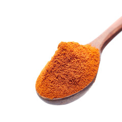 Wooden spoon full of paprica isolated on white background, close-up, top view, shallow depth of field