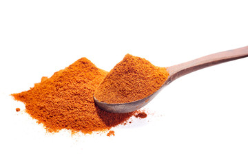 Wooden spoon full of paprica isolated on white background, close-up, top view, shallow depth of field