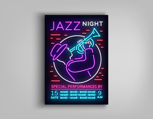Jazz Music Festival Design Template Typography in Neon Style. Neon Sign, Bright Advertising, Flyer Invitation to the Party, Festival, Jazz Music Concert. Vector illustration