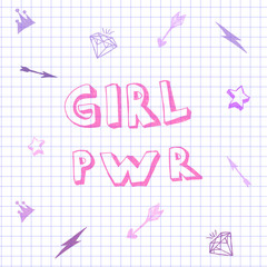 Girl Pwr poster with elements: Girl Pwr words, diamond, crown, star, lightning, arrows. Funny Doodle Creativity Arts. Vector Hand Drawn Notebook Illustration for notebook, textile, wallpaper, tshirt