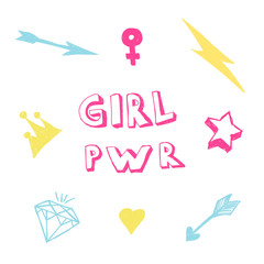 Girl Power lettering with girly doodles hand drawn color elements: Girl Pwr words, diamond, crown, heart, sign gender woman, star, lightning, arrows. Fun comic feminism slogan in cartoon style.