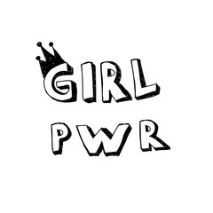 Girl Power lettering with girly doodles hand draw crown. Feminist slogan and cartoon comic sticker. Hand drawn black brush ink lettering GRL PWR.