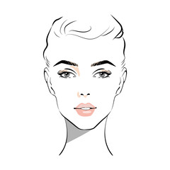 Beautiful woman face with nude make-up hand drawn vector illustration. Stylish original graphics portrait with beautiful young attractive girl model. Fashion, style, beauty. Graphic, sketch drawing.