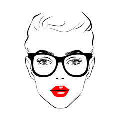Beautiful woman face with glasses. Art monochrome black sketching vector girl face with red lips and glass symbols with space for text. Fashion Girls Illustration