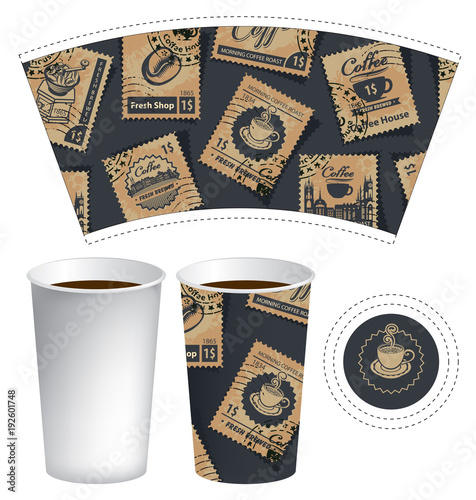 Vector Template Of Paper Cup For Hot Drink Disposable Cup For Tea Or Coffee With Set Of Postage Stamps On The Theme Of Coffee House In Retro Style Wall Mural Paseven Vector Template Of Paper Cup For Hot Drink Disposable Cup For Tea Or Coffee With Set Of Postage Stamps On The Theme Of Coffee House In Retro Style Wall Mural Paseven
