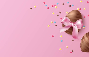 Easter background with chocolate eggs and candy on pink background. Vector illustration