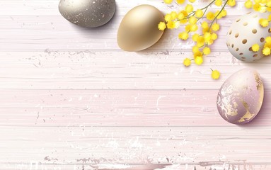 Beautiful easter golden eggs and mimosa branch  on pink shabby wooden background. Vector illustration