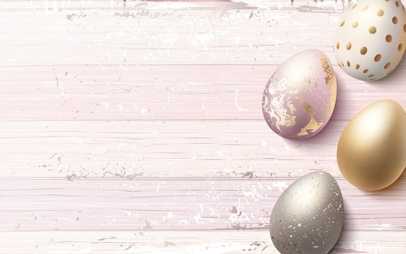 Beautiful easter golden eggs  on pink shabby wooden background. Vector illustration