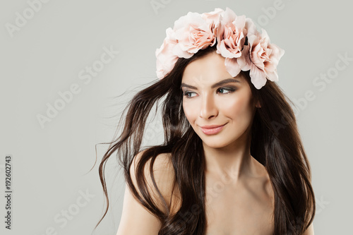 Young Woman With Flowers Hair Style Fashion Model With Long