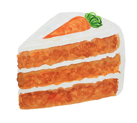 A piece of carrot cake with whipped cream painted with watercolors side view. Isolated on white background
