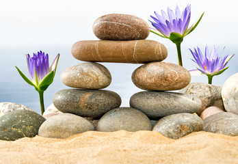 lotus flowers and stones on sand on water background
