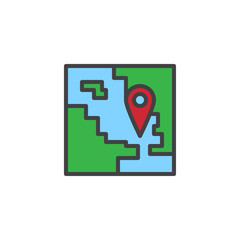 Map with pin filled outline icon, line vector sign, linear colorful pictogram isolated on white. Travel location symbol, logo illustration. Pixel perfect vector graphics