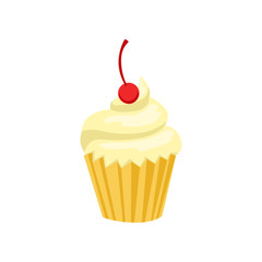 Cupcake, sweet pastry decorated with cherry vector Illustration