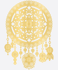 Golden mandala dreamcatcher. Floral elements. Vector illustration. Isolated on white background.
