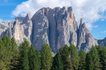 Catinaccio summit and Vajolet Towers seen from Ciamped e Refuge, above Vigo di Fassa village, Val di Fassa, Catinaccio mountain