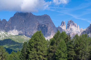 Catinaccio summit and Vajolet Towers seen from Ciamped e Refuge, above Vigo di Fassa village, Val di Fassa, Catinaccio mountain