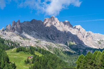 Catinaccio summit and Vajolet Towers seen from Ciamped e Refuge, above Vigo di Fassa village, Val di Fassa, Catinaccio mountain