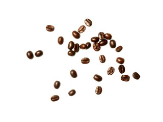 Isolate coffee beans, a top view closeup photo image of scattered dark roasted coffee beans isolate...