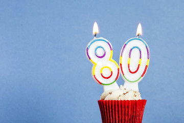 Number 80 birthday candle in a cupcake against a blue background