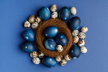 Top view of blue painted easter eggs and quail eggs in decorative nest on blue surface