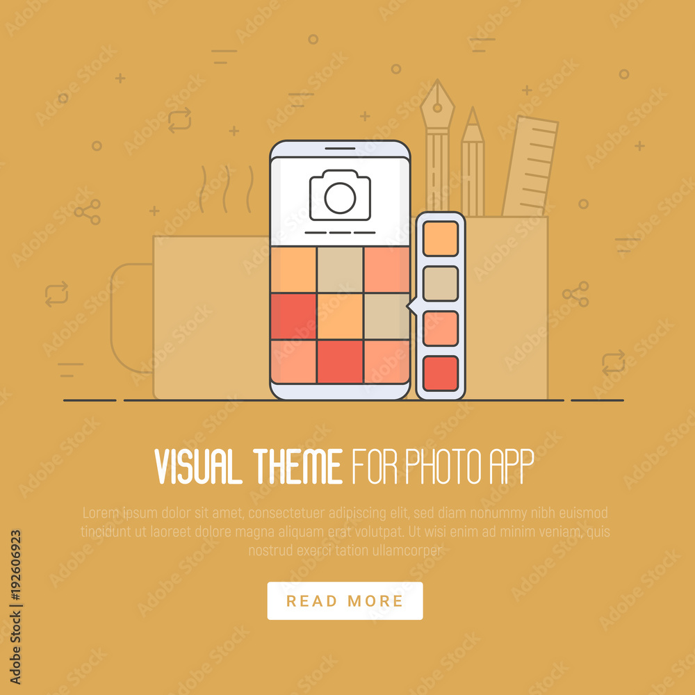 Poster photo app development concept: visual theme on smartphone, icon for application with camera. cup of 