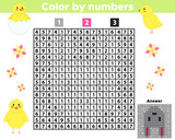 Spring color book or page for children, with numbered squares. Educational game with numbers. Easter bunny. Vector illustration.