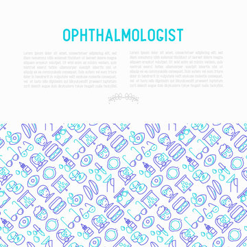 Ophthalmologist concept with thin line icons: glasses, eyeball, vision exam, lenses, eyedropper, spectacle case. Modern vector illustration for banner, print media, web page.