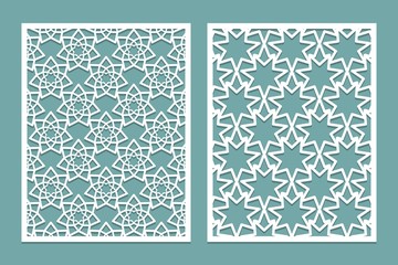 Set of die laser cut panel design with seven-pointed figures. Template for cutting paper, wood, plastic in oriental style.